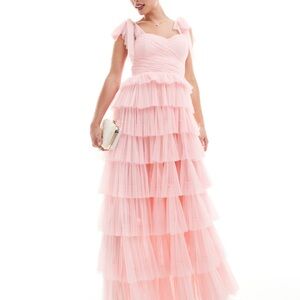 ASOS Blush Pink Tiered Tulle Maxi Dress with Bow Straps